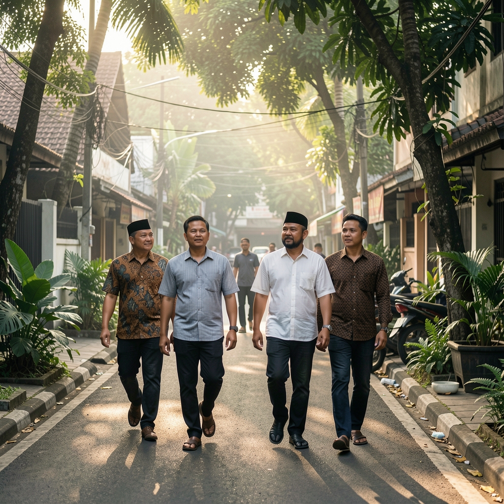 Small group of adult men walking together through a shaded Jakarta neighborhood in early morning