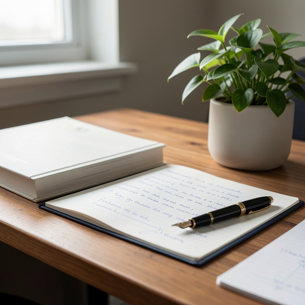 Editorial desk with marked-up health books, fountain pen, and green plant in soft natural light