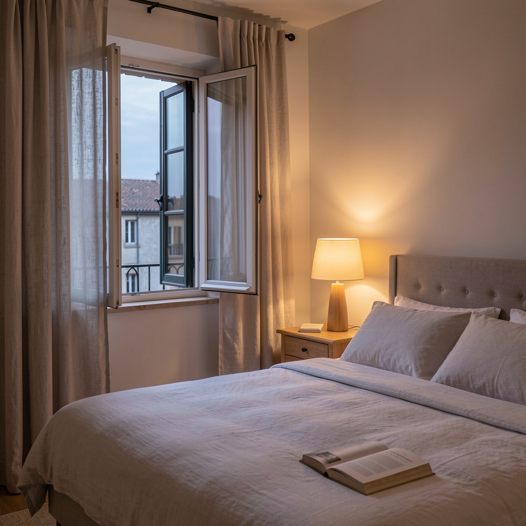 Calm evening bedroom with open window, linen curtains, warm bedside light, and a book on the table