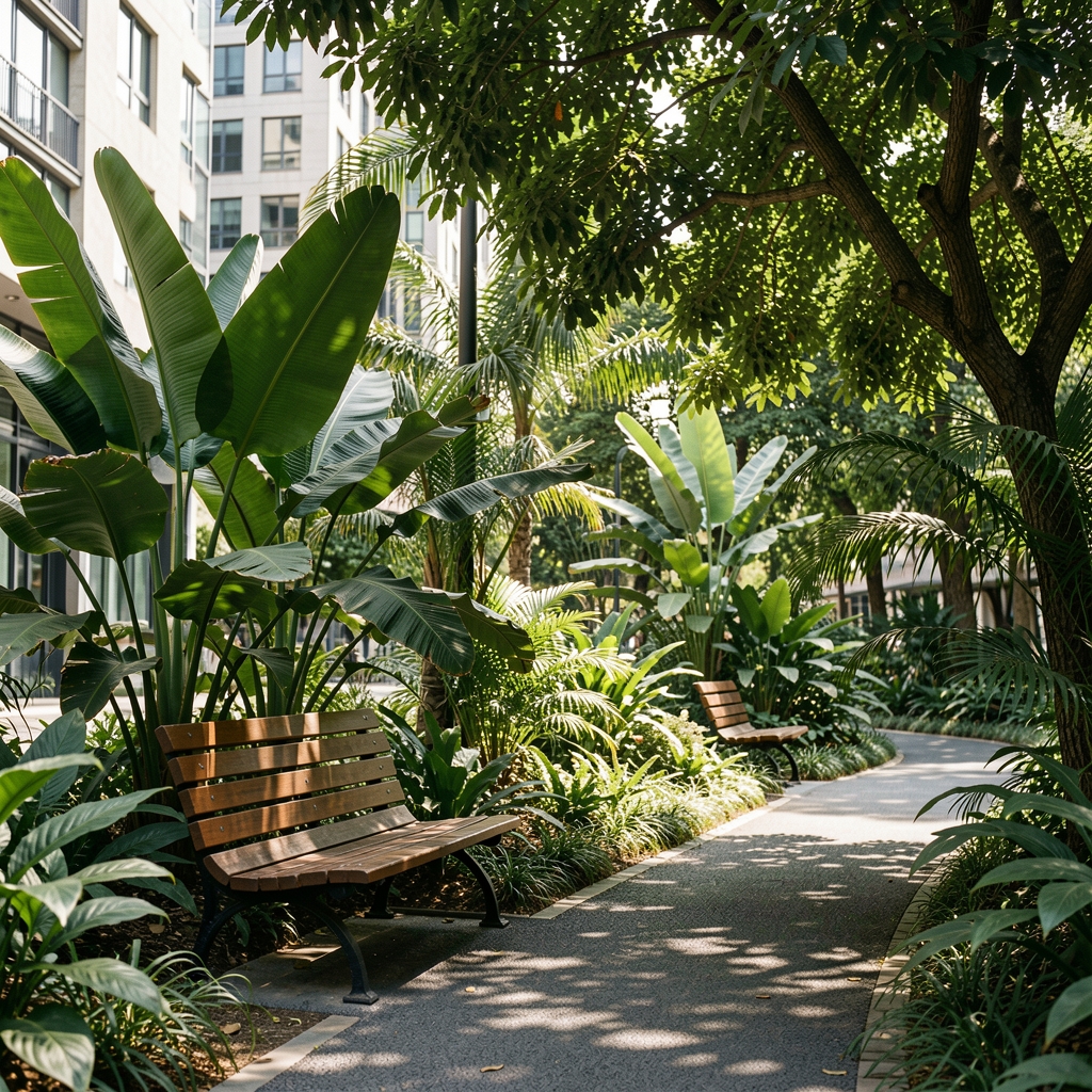 Shaded urban green space with broad tropical leaves, a bench, and a quiet walking path