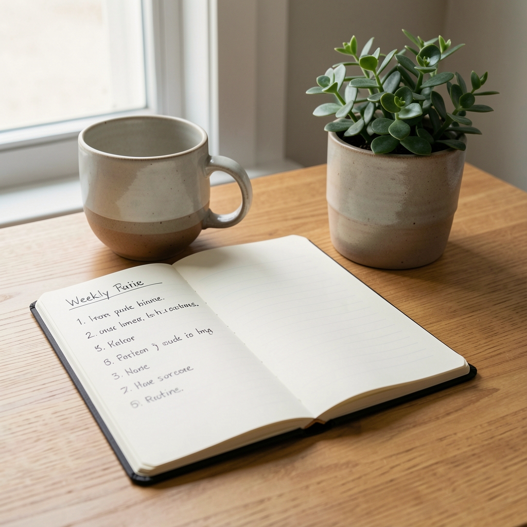 Open notebook with a simple weekly routine list beside a ceramic cup and house plant