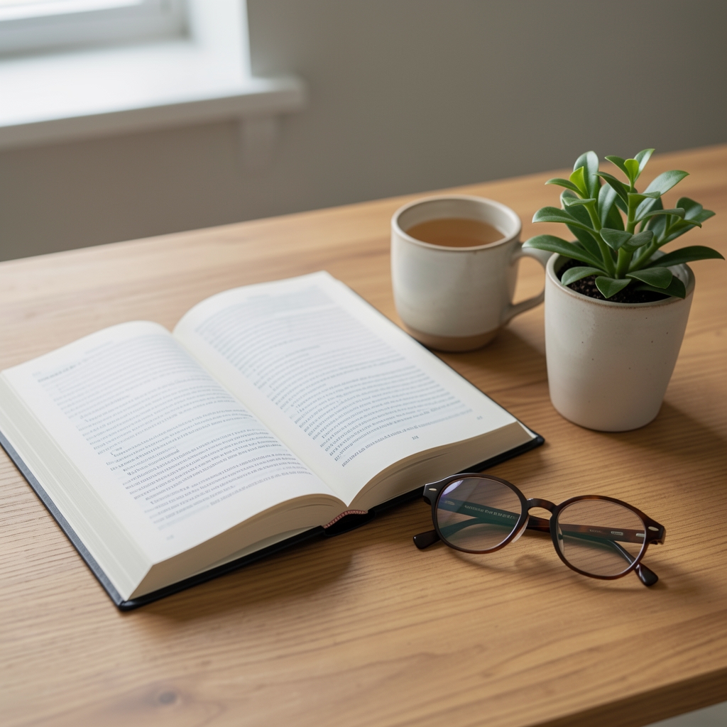 Open health journal beside a ceramic cup, reading glasses, and a small green plant on a wooden desk