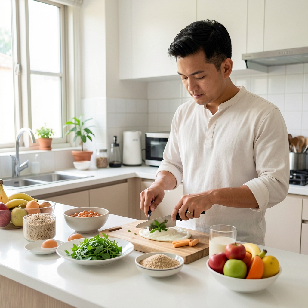 Man preparing a simple breakfast with herbs, eggs, whole grains, and fruit in a bright Jakarta kitchen