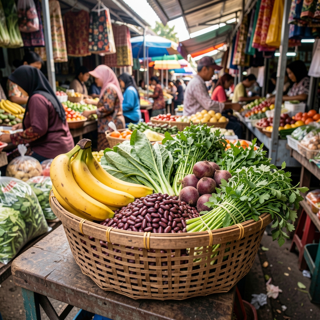 Reusable market basket filled with vegetables, bananas, beans, and fresh herbs at an Indonesian market
