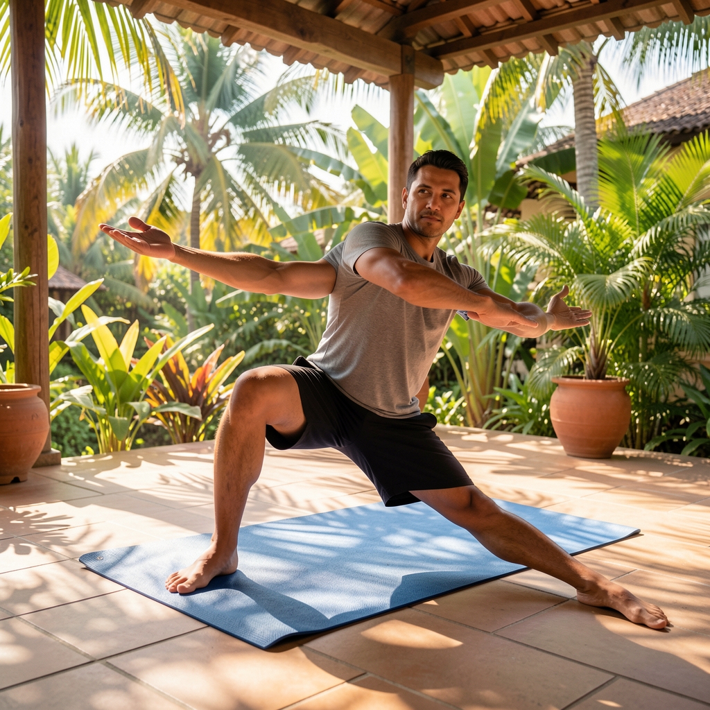 Man performing gentle mobility exercises on a shaded terrace during a bright tropical morning