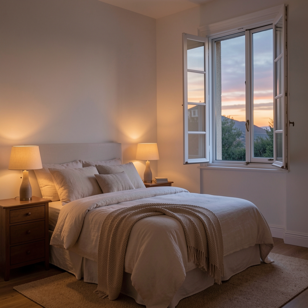 Quiet bedroom with linen bedding, warm lamp, and open window at dusk