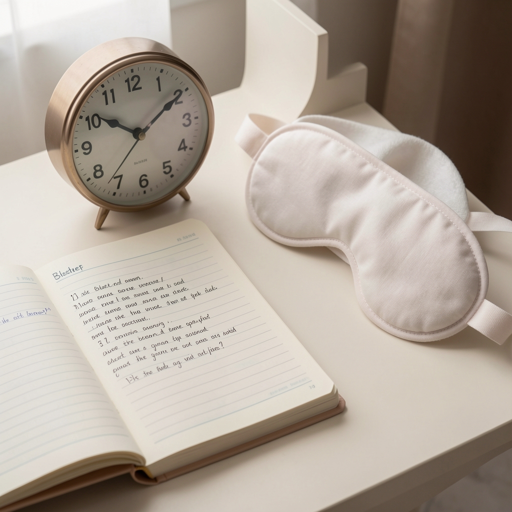 Sleep journal with handwritten bedtime notes beside an analog clock and soft cotton eye mask