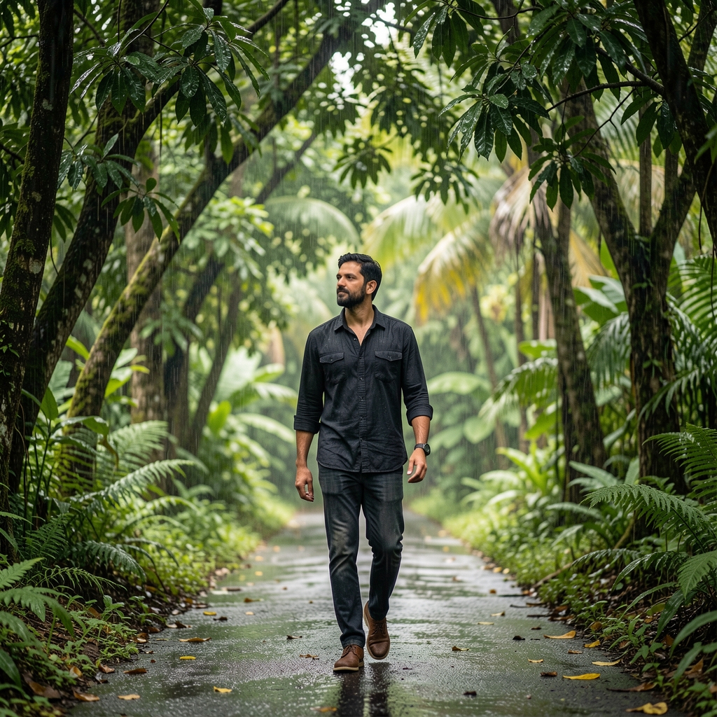 Man walking mindfully beneath leafy trees after tropical rain in Central Jakarta